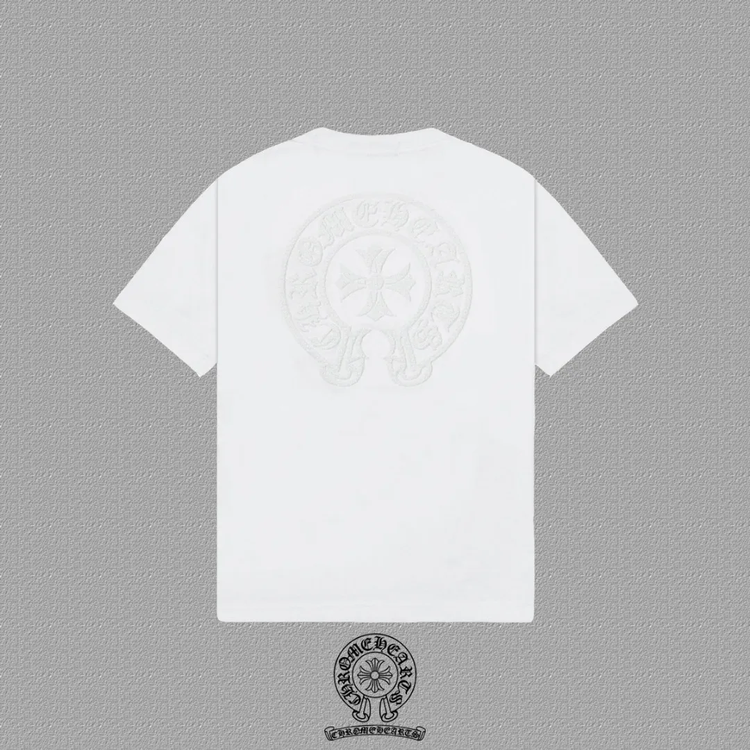 🅿️200 [CH Crow Heart] 2025FW short-sleeved T-shirt, hollow embroidery with arch bridge embroidery, high-end 26s double yarn 300g fabric, heavy fabric, custom stretcher rib, same vat and dye, complete three standards, same style for men and women, color: black, white, size: S M L XL 2XL